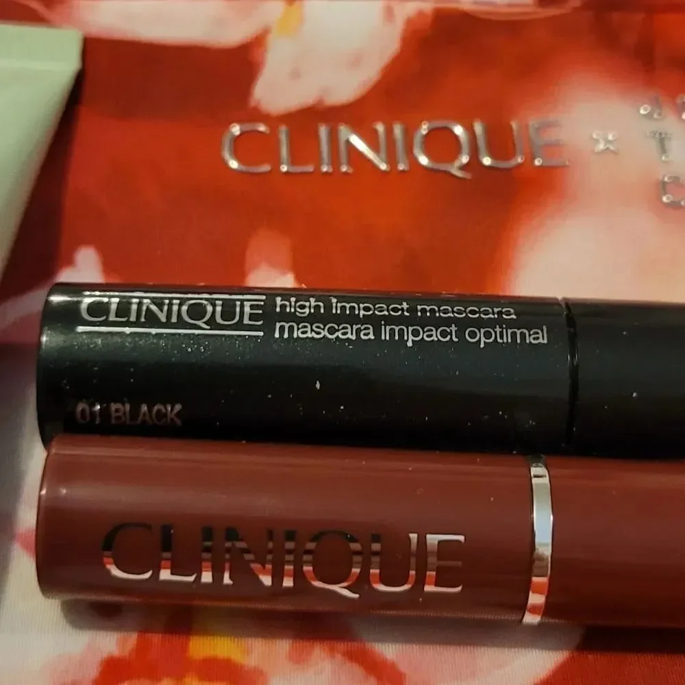 2 Clinique Jona Than Cohen Red Floral Makeup Bags & 3 Mini Clinique Products